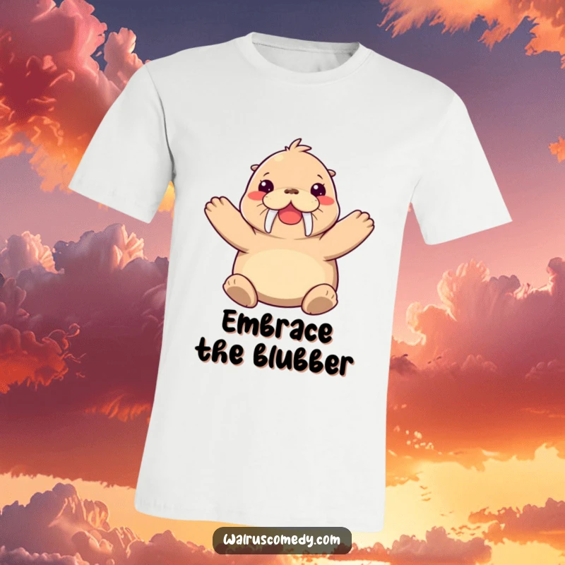 Funny walrus t-shirt featuring a joyful walrus character extending its flippers for a big, affectionate hug, full of warmth.