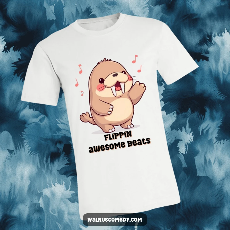 Funny kawaii walrus character joyfully tapping its flippers to an unseen rhythm, looking absolutely ecstatic on a t-shirt.