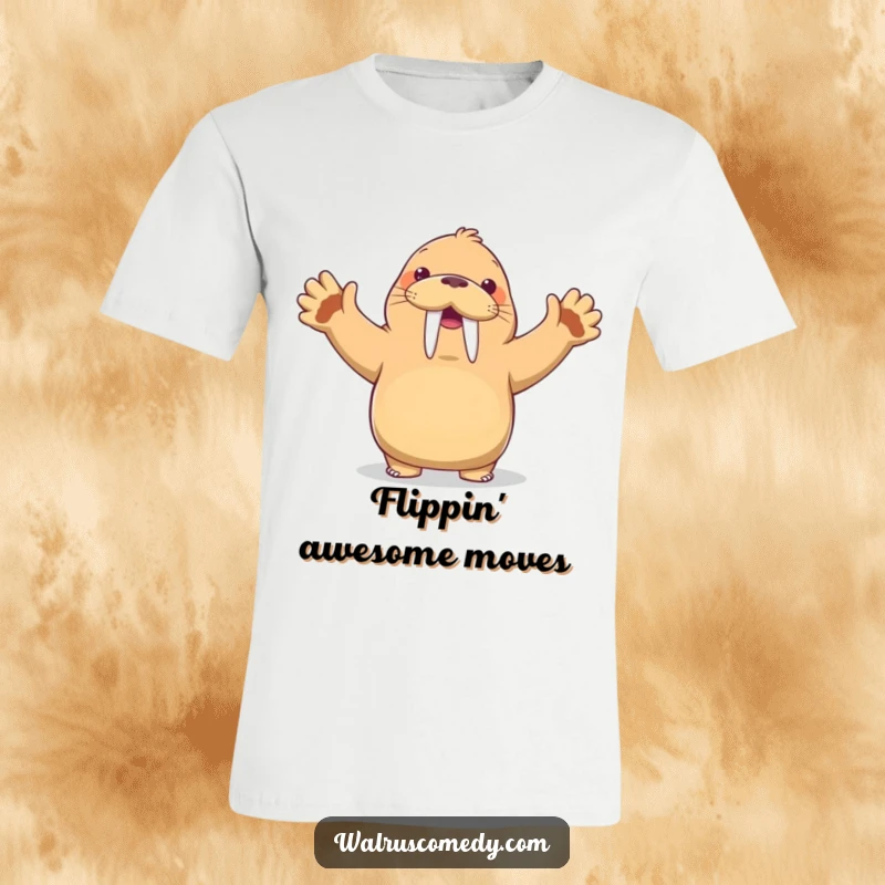 Funny Kawaii Walrus T-Shirt: A walrus performs a funny dance move with flippers in the air and a wide grin, perfect humorous apparel.