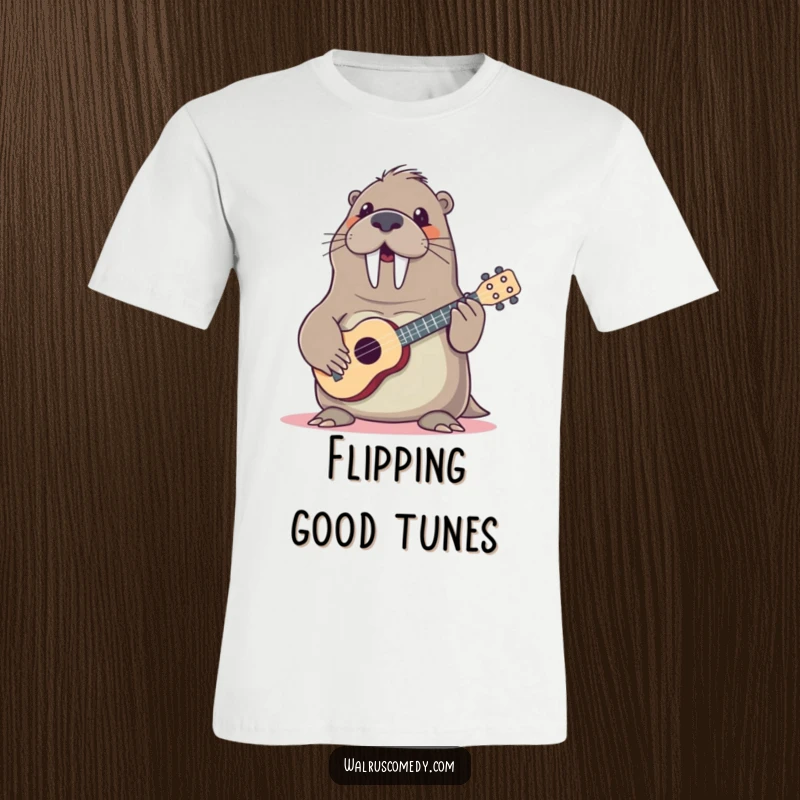Funny walrus strumming a ukulele with a wide, happy smile, a humorous musical walrus wearing a tropical shirt, great tee.