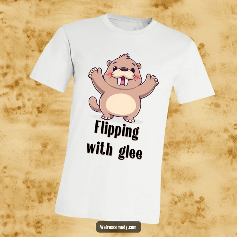 Funny walrus dancing joyfully with flippers up in the air, a humorous and energetic sea creature design, great t-shirt for parties.