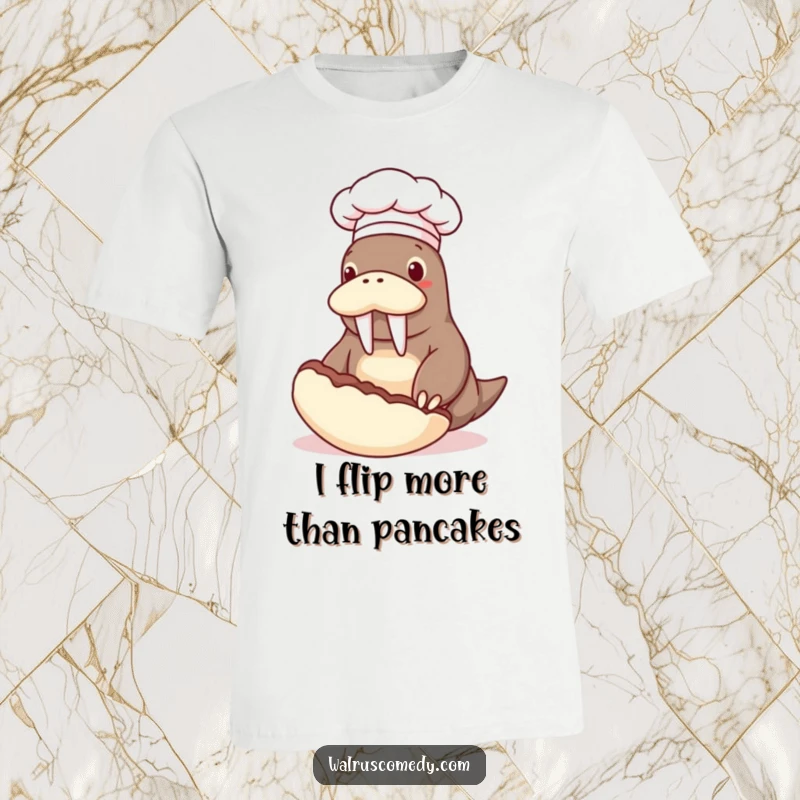 Funny T-Shirt: A walrus chef in a tall hat skillfully flipping a massive clam, radiating kitchen confidence and playful energy.