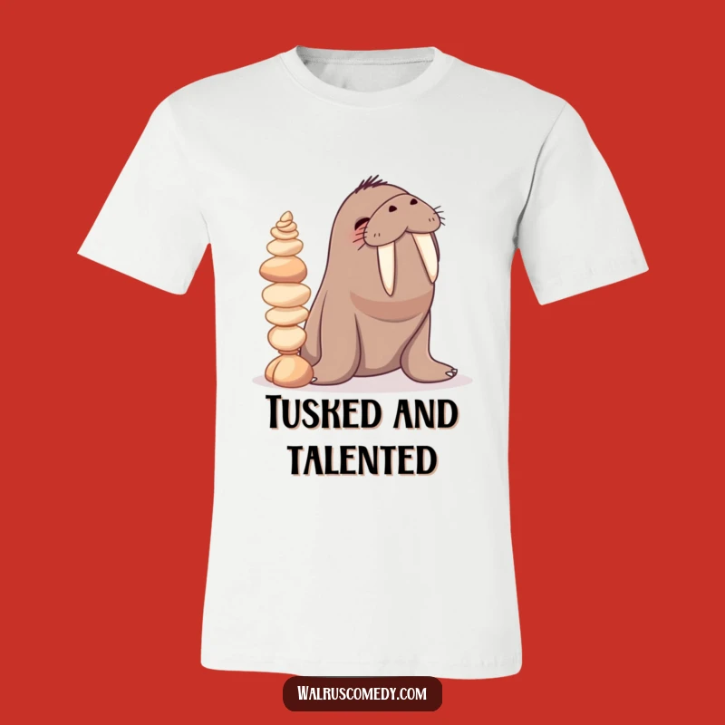 Funny Giggling Walrus Tusk Balance Tee: Hilarious Beach Humor Shirt for Seashell Lovers