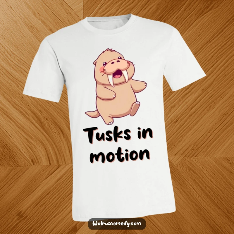 Funny kawaii walrus character performing a playful dance, its tusks in motion, looking incredibly lively on a t-shirt.