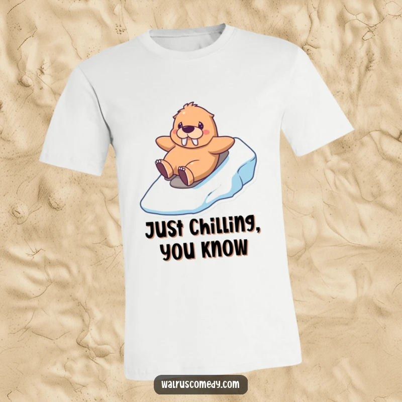 Funny kawaii walrus t-shirt featuring a grinning walrus sliding down an icy hill, perfect for winter enthusiasts and humor lovers.