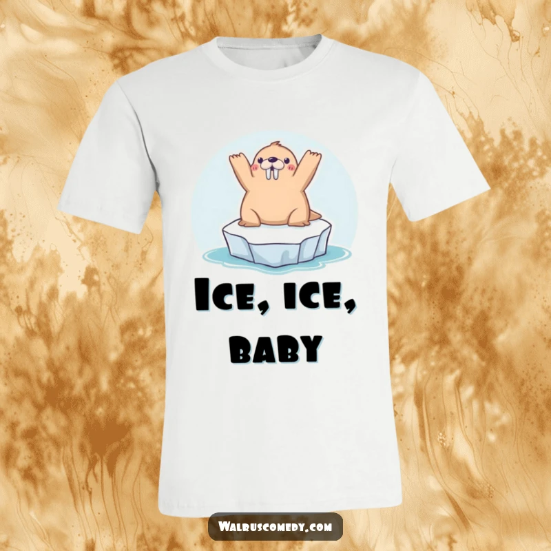 Funny kawaii walrus sunbathing on a tiny iceberg, arms raised, radiating chill vibes on this hilarious t-shirt.