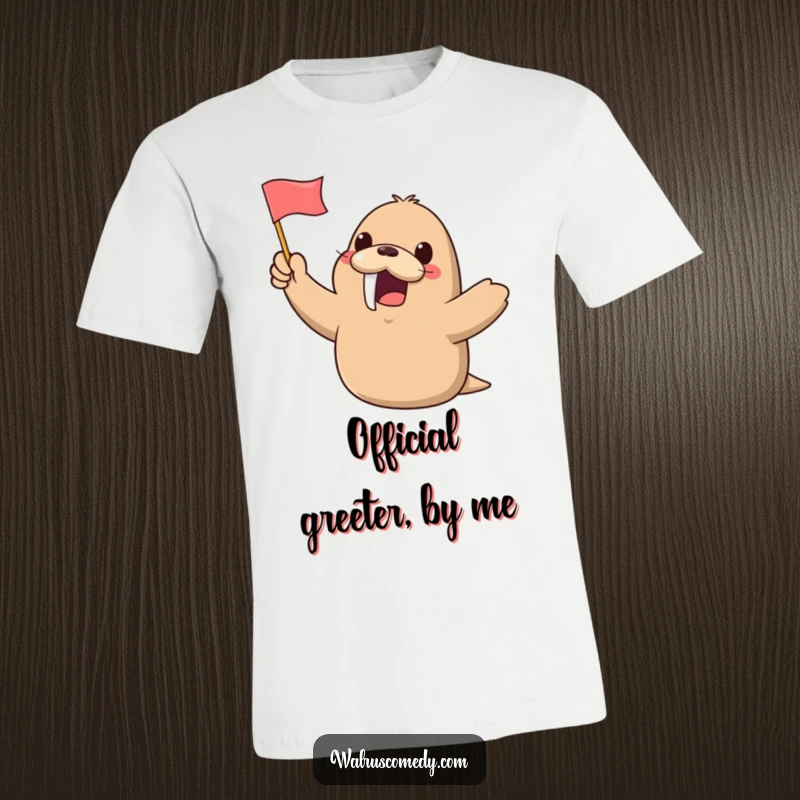 Funny Kawaii Walrus T-Shirt: A happy, excited kawaii walrus joyfully waves a small flag, showcasing a wonderfully cheerful and funny design.