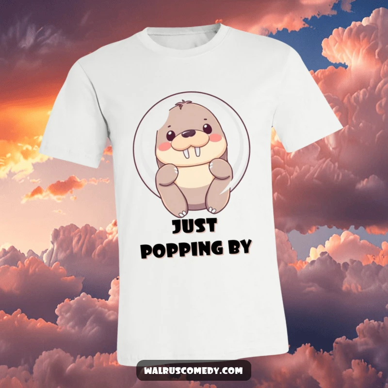 Funny T-Shirt with a Kawaii walrus shyly peeking from behind a large, bubbly sphere, its soft eyes conveying sweetness.