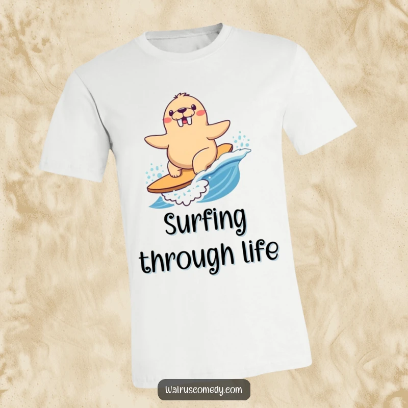 Funny T-Shirt with a Kawaii walrus joyfully surfing a small, playful wave with a determined, happy expression.