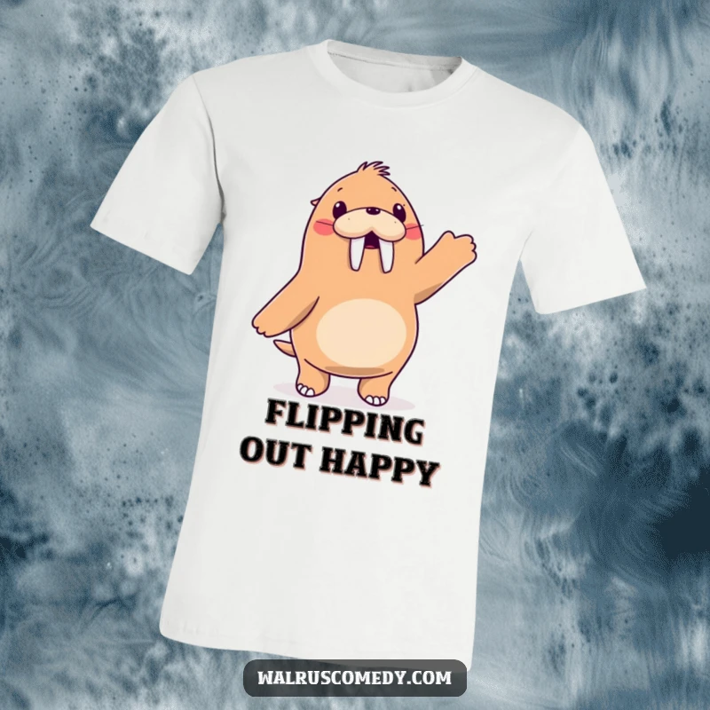 Funny walrus character joyfully dancing with its flippers in the air, vibrant t-shirt, perfect for dancing.