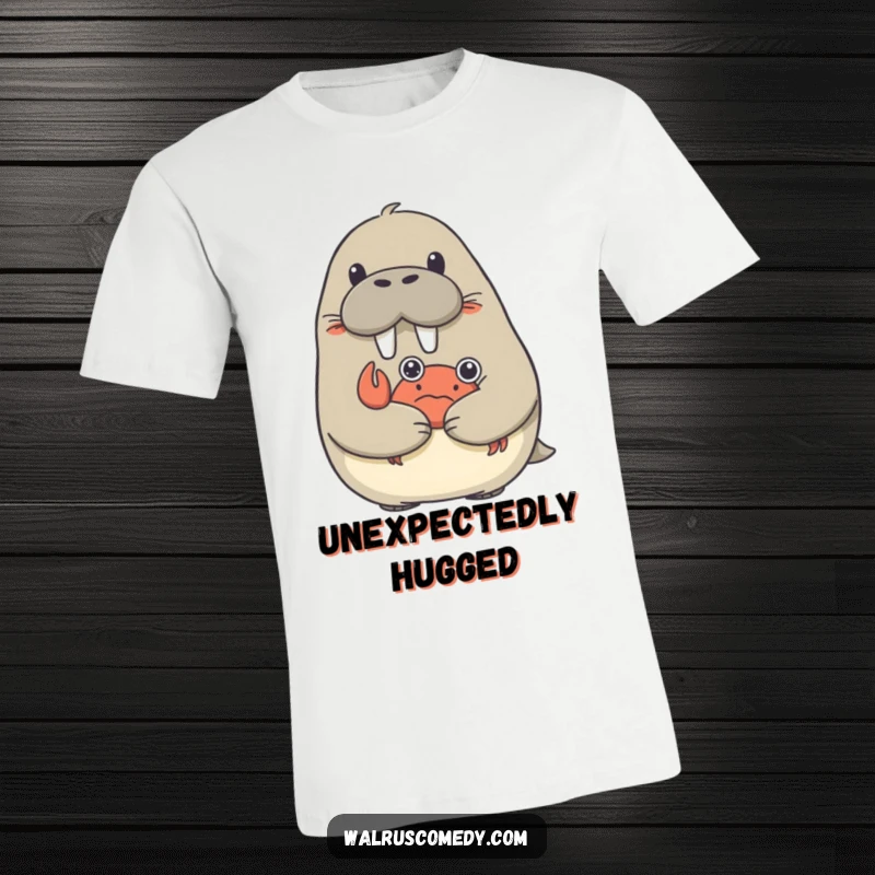 Funny t-shirt featuring a walrus looking surprised as a small crab gives it a loving hug.