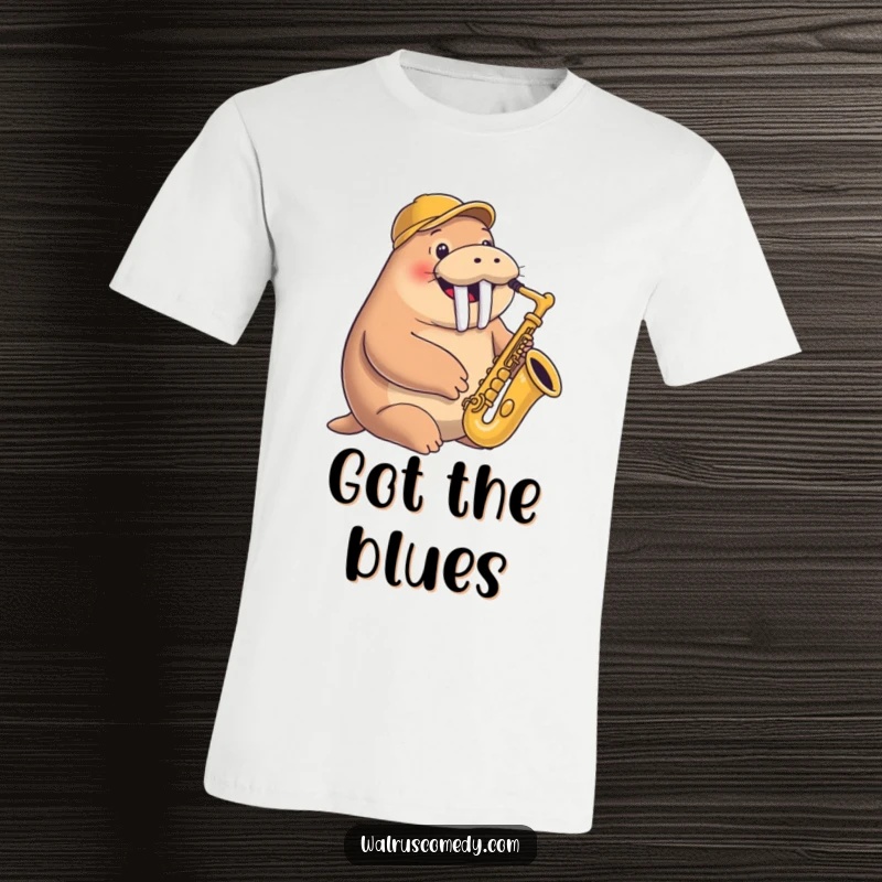Funny t-shirt showing a smiling walrus playing a saxophone with joy, complemented by a stylish and jaunty cap.