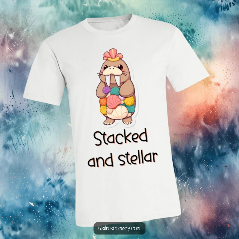 Funny walrus balancing a tower of seashells on its nose, a humorous marine mammal wearing a tiny hat, great t-shirt design.