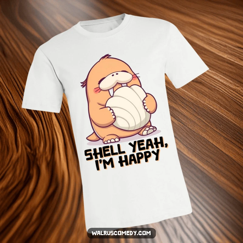 Funny Walrus T-Shirt: A cheerful walrus is shown giggling uncontrollably while clutching a very large seashell.