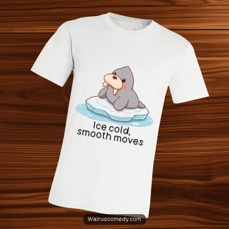 Funny t-shirt showcasing a joyful walrus hilariously sliding on ice, depicting a silly and carefree winter adventure.