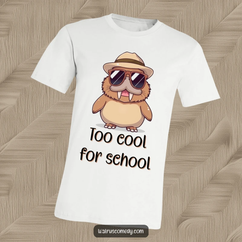 Funny Walrus T-Shirt: A playful walrus sports oversized sunglasses and a trendy hat, looking effortlessly cool.