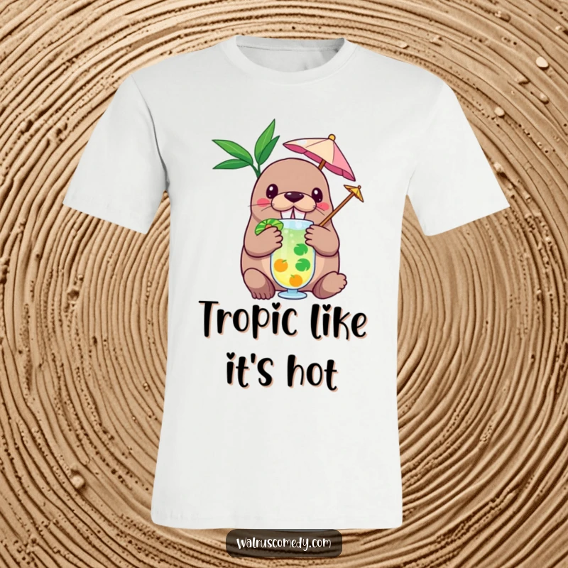 Funny T-Shirt: A happy walrus character with a tiny umbrella in a tropical drink, radiating vacation joy and quirky humor.