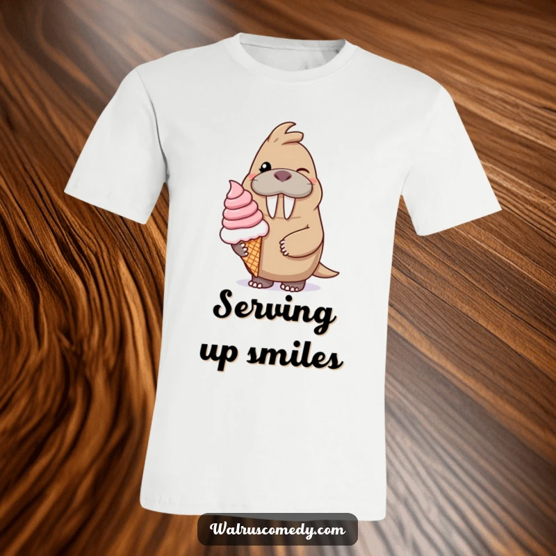 Funny t-shirt depicting a happy, winking walrus character generously offering a massive ice cream cone, symbolizing sweet indulgence.