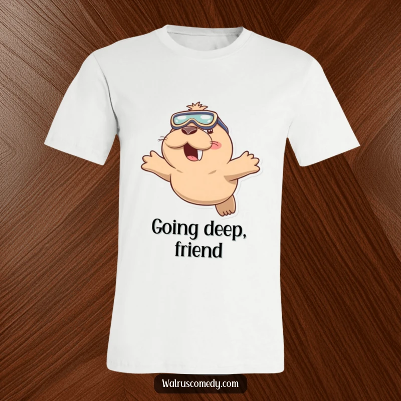 Funny t-shirt depicting a playful walrus wearing swimming goggles and diving with a cheerful smile, embodying aquatic fun.
