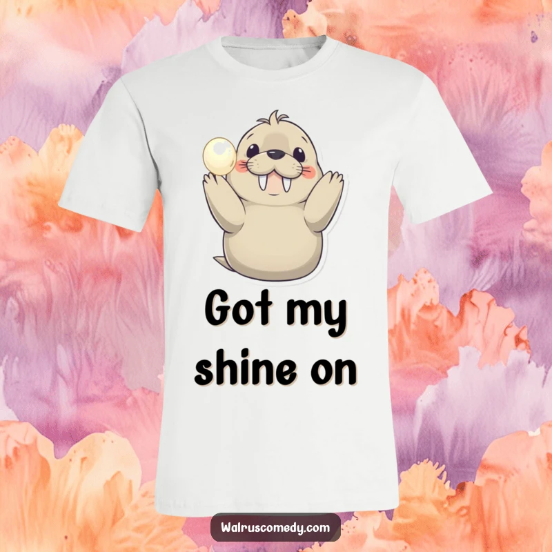 Funny t-shirt showcasing a happy walrus presenting a lustrous pearl, exuding joy and a delightful sense of pride.