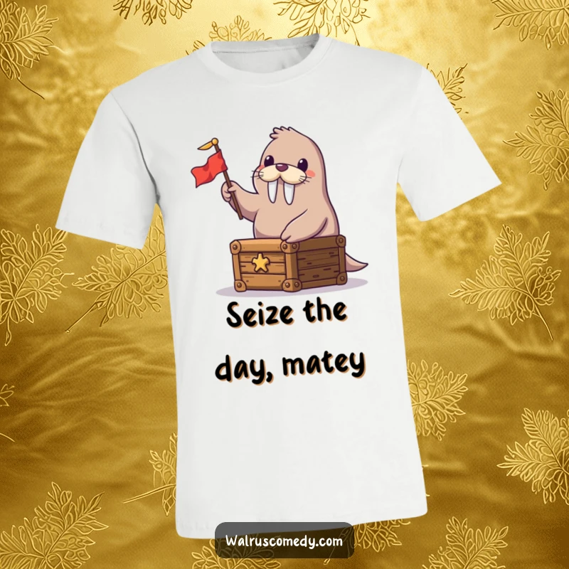 Funny t-shirt featuring a cheerful walrus perched on a treasure chest, waving a small flag with pure glee and adventure.
