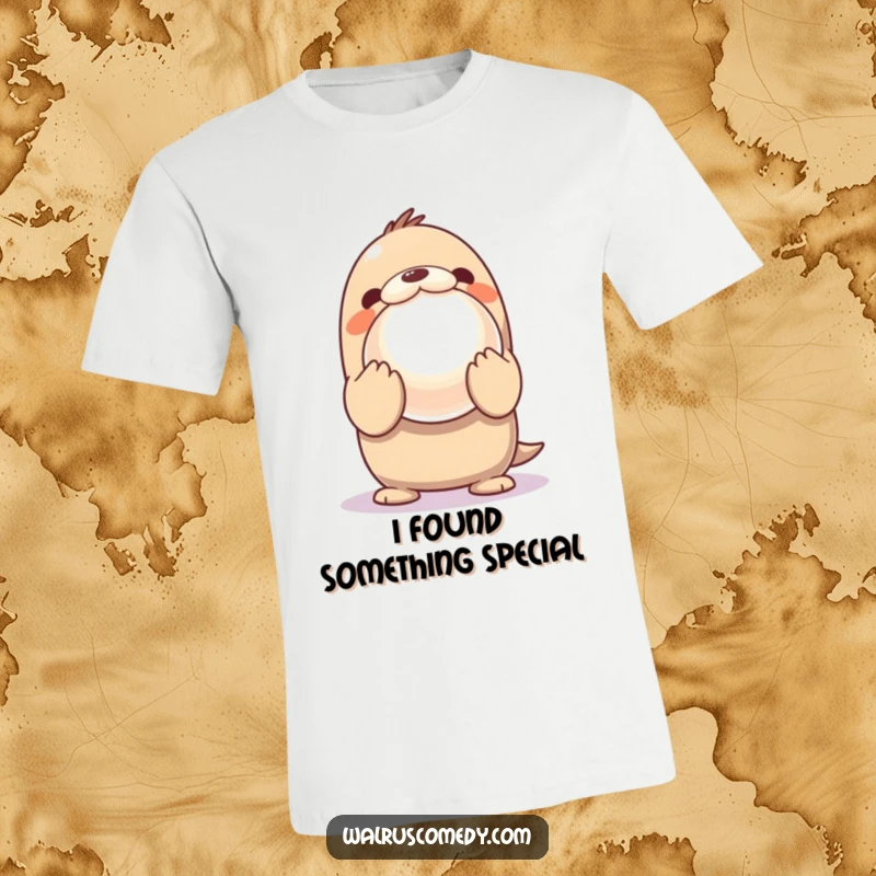 Funny T-Shirt with a Kawaii walrus excitedly presenting a large, shiny pearl, its innocent expression full of awe.