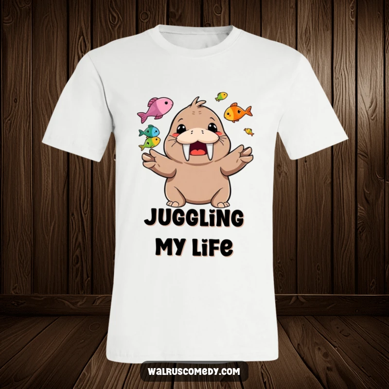 Funny T-Shirt depicting a happy walrus character juggling colorful fish with a huge, toothy smile.