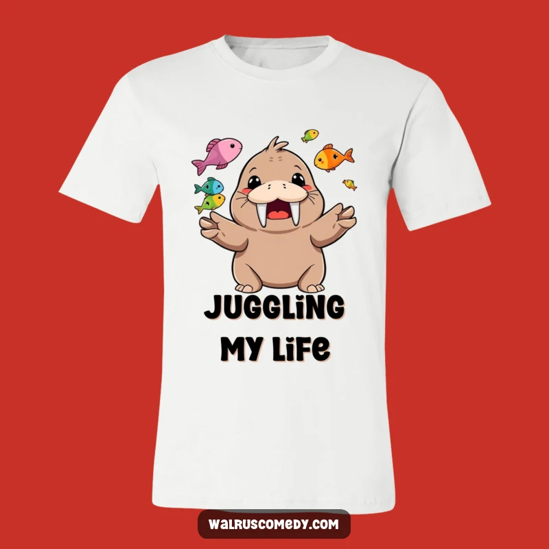 Funny Walrus Juggling Fish T-Shirt: Happy Character Tee for Aquatic Humor