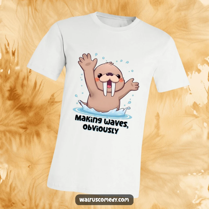 Funny T-Shirt with a cute kawaii walrus enthusiastically splashing water with flippers, sending cheerful droplets flying.