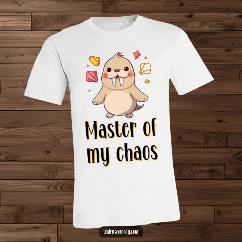 Funny happy walrus juggling colorful seashells with its flippers on a soft t-shirt, an impressive funny gift.
