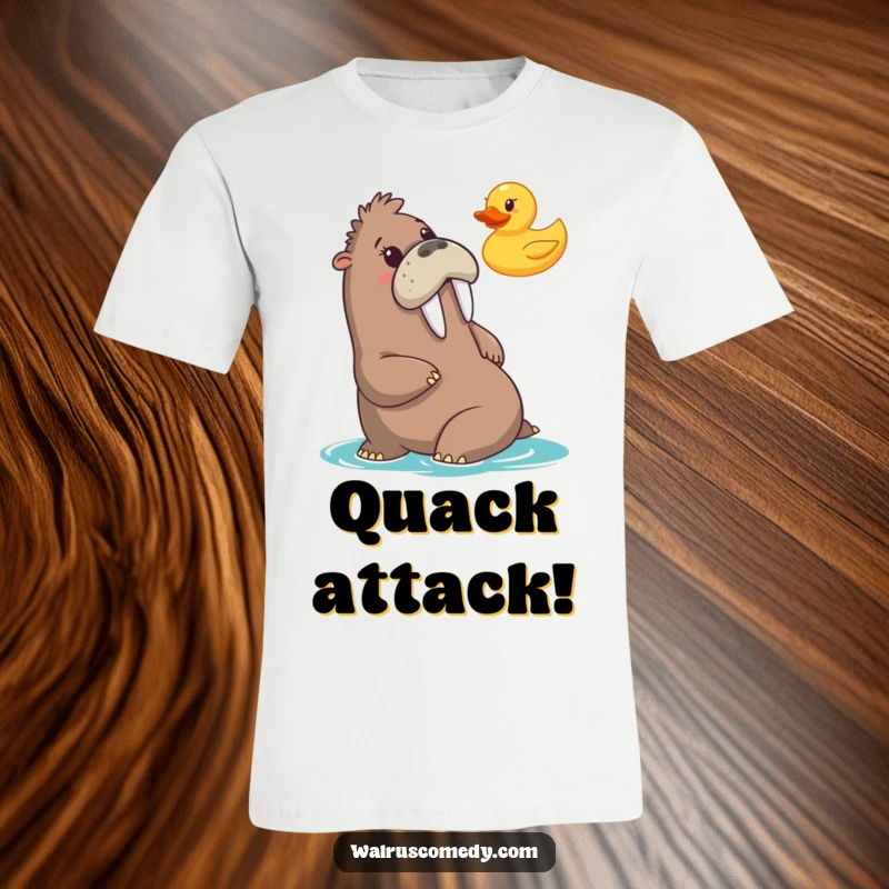 Funny t-shirt featuring a walrus with a shocked expression encountering a rubber duck, highlighting a comical, unexpected moment.