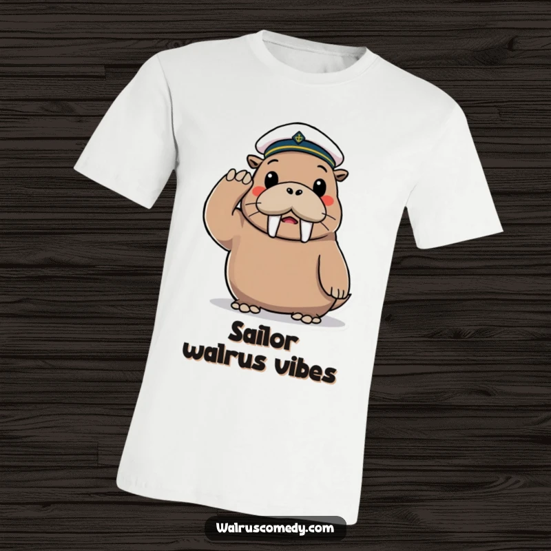 Funny T-Shirt depicting a playful walrus character in a tiny sailor hat, giving a cheerful salute.