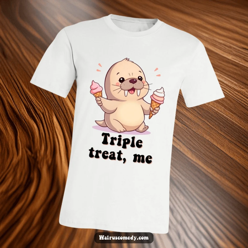 Funny T-Shirt: A charming baby walrus is happily juggling multiple ice cream cones, radiating pure, sweet fun.