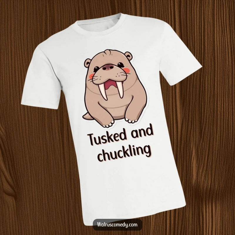 Funny kawaii walrus character in a hearty, booming chuckle, tusks prominently displayed, looking exceptionally joyful on a t-shirt.