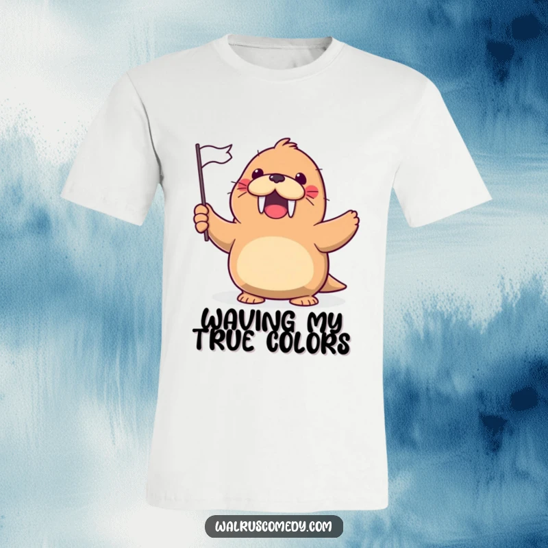 Funny T-Shirt featuring a kawaii walrus gleefully waving a tiny flag with a cheerful, excited expression.