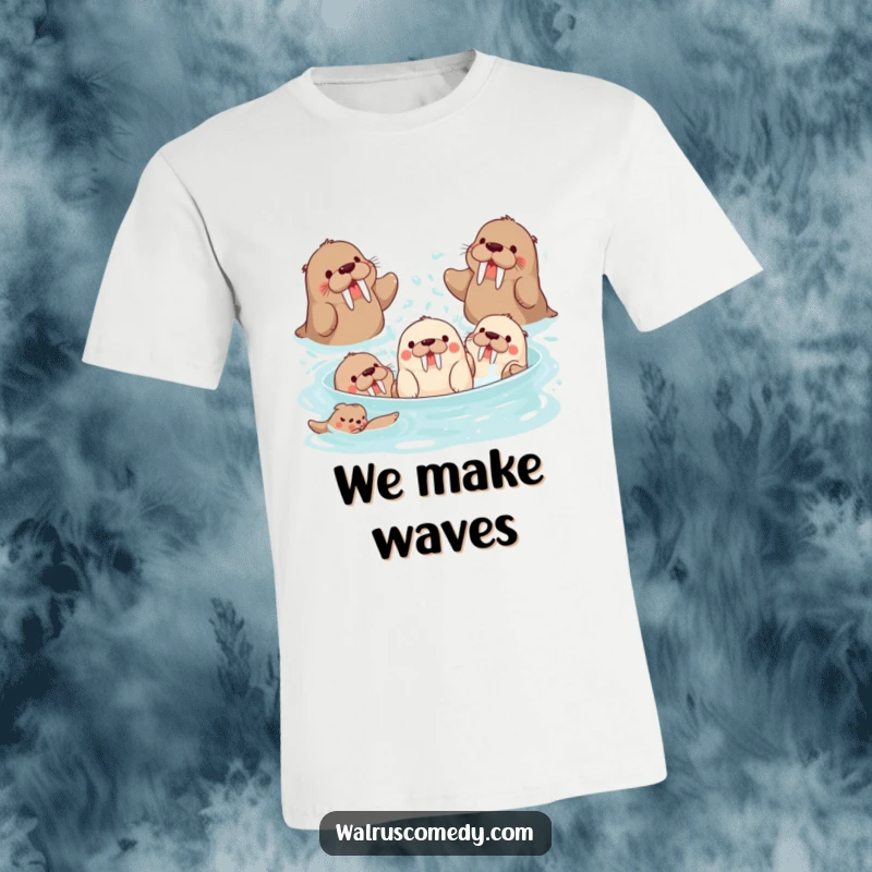 Funny group of playful walrus characters splashing water, ideal for parties and as a funny gift.