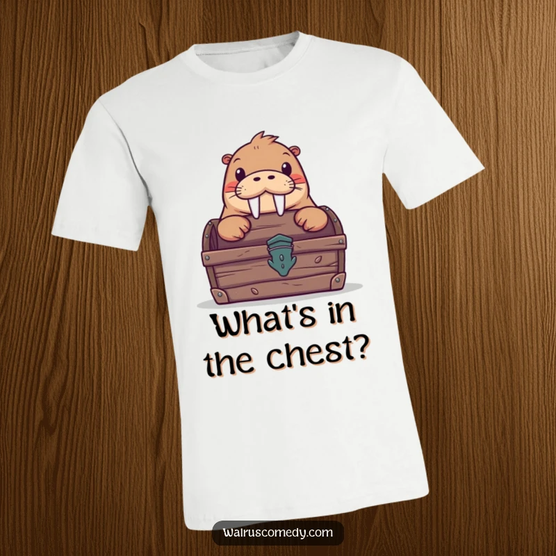 Funny t-shirt with a charming walrus mischievously peeking from behind a dazzling treasure chest, inviting a playful discovery.