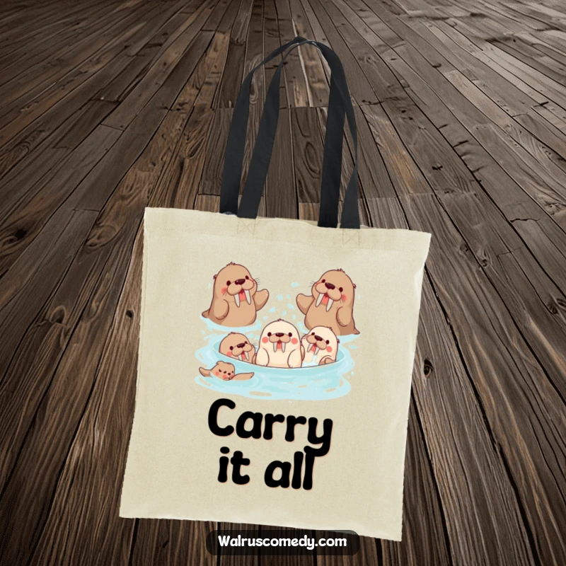 Funny group of playful walrus characters splashing water, ideal for shopping and as a funny gift.