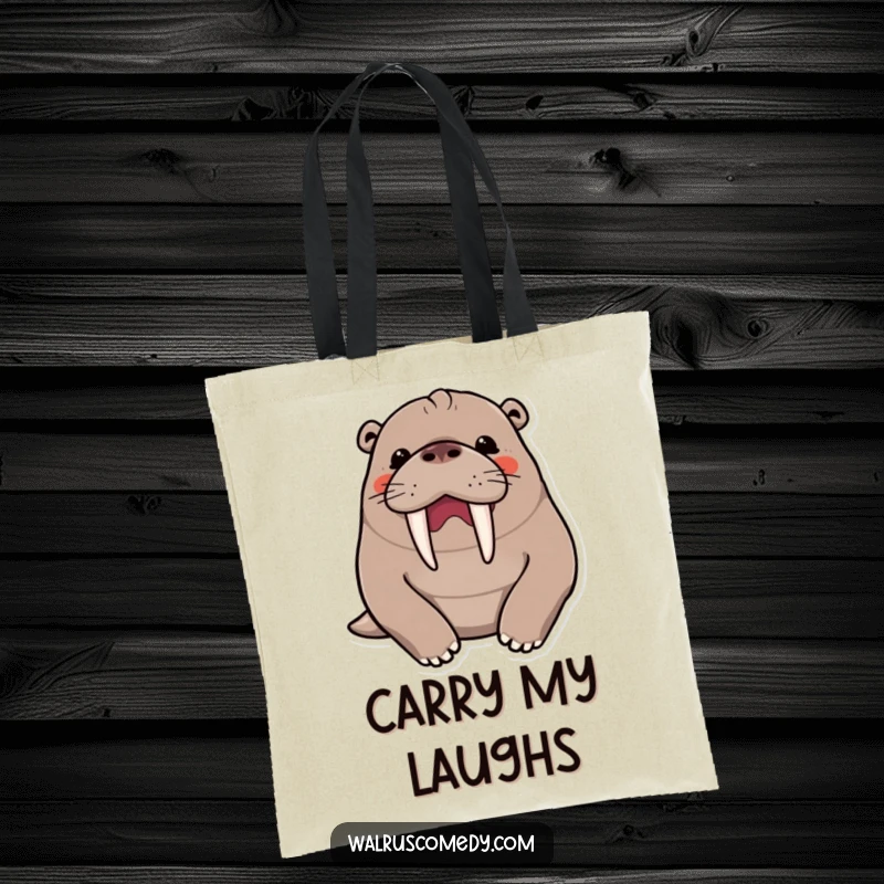 Funny kawaii walrus character in a hearty chuckle, prominent tusks, depicted on a practical and stylish tote bag.