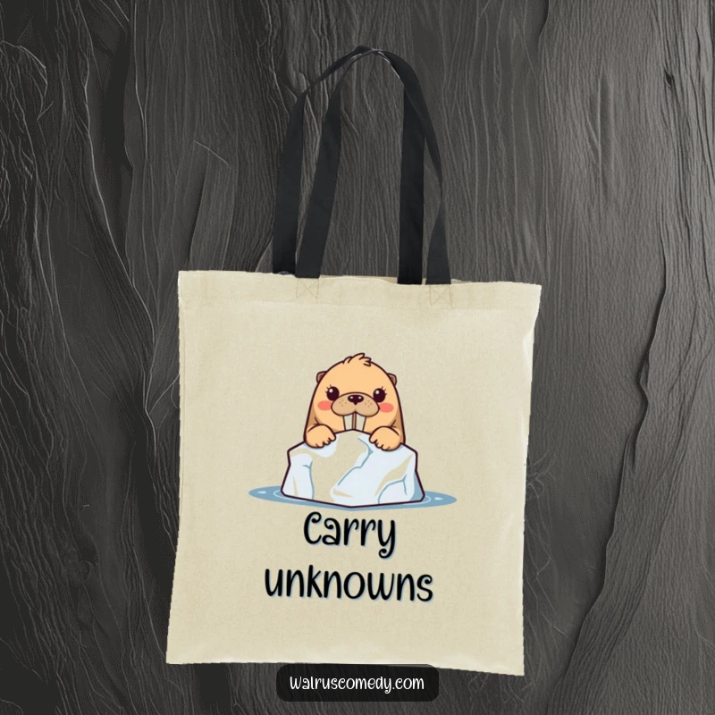 Funny kawaii walrus character curiously peeking from behind an iceberg, depicted on a practical and stylish tote bag.
