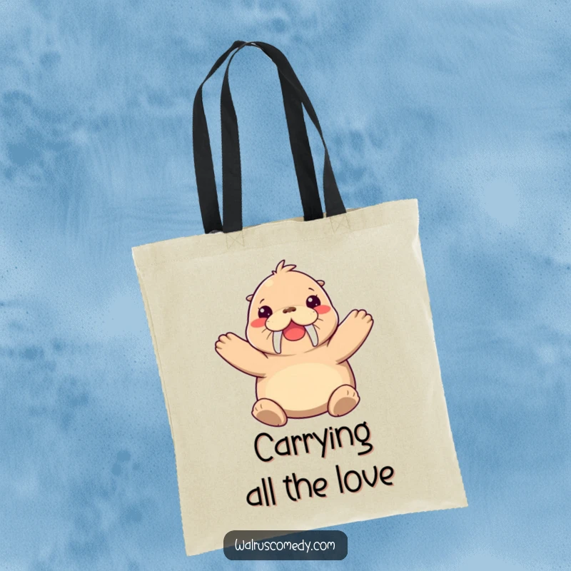 Funny walrus tote bag featuring a joyful walrus character giving a big hug, perfect for carrying items with a smile.