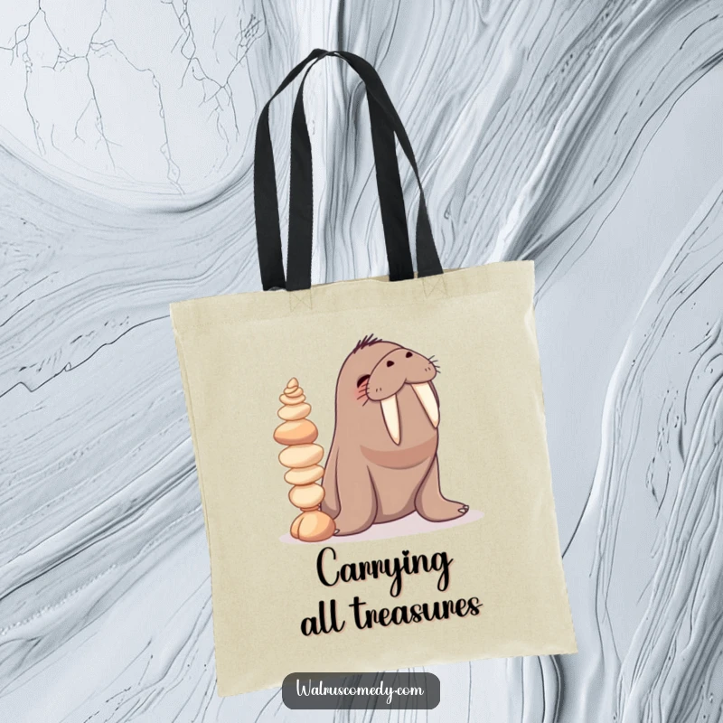 Funny tote bag showing a giggling walrus character balancing a stack of seashells on its tusks, perfect for beach day essentials.