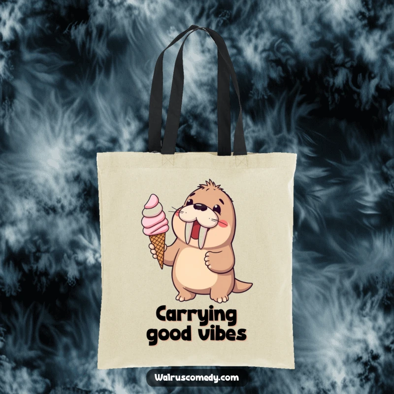 Funny walrus offering a large ice cream cone on a stylish tote bag, embodying summer fun and generosity, a superb funny gift.