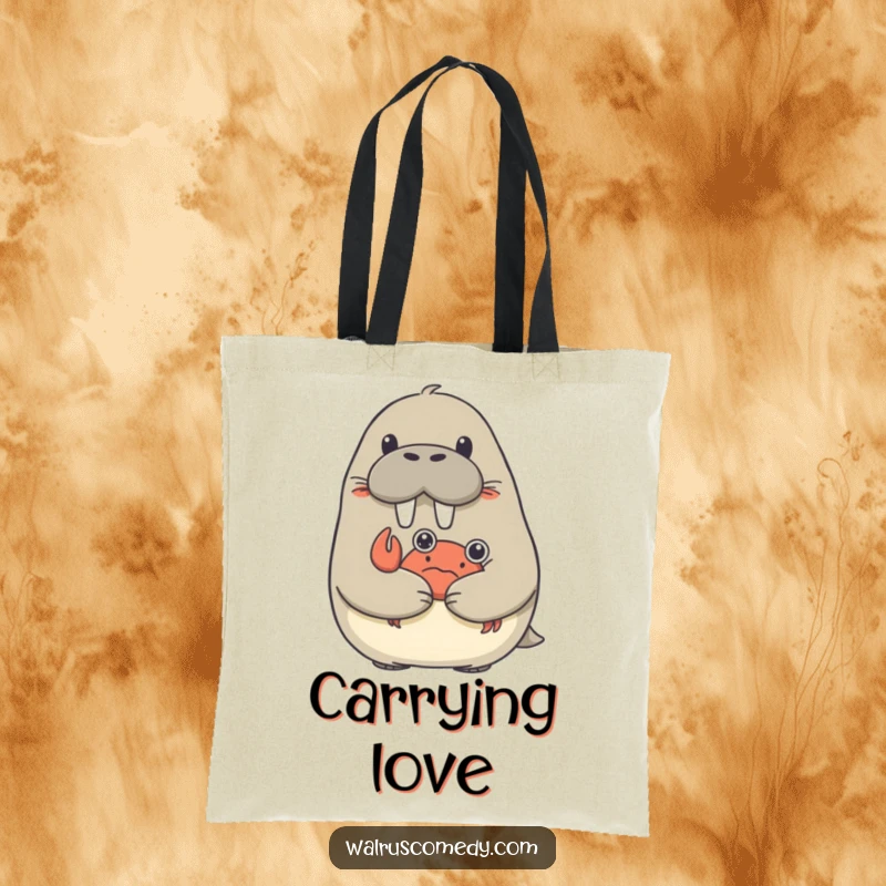 Funny tote bag illustration of a surprised walrus receiving a hug from a small crab.