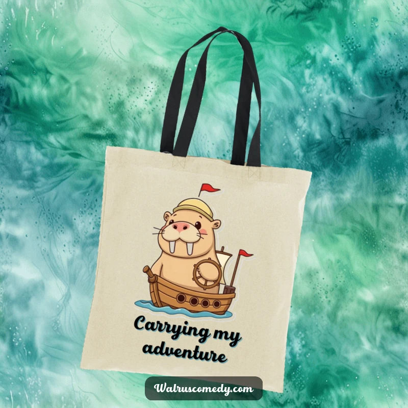 Funny walrus tote bag featuring an adventurous walrus steering a tiny ship, a fun and practical accessory for voyages.