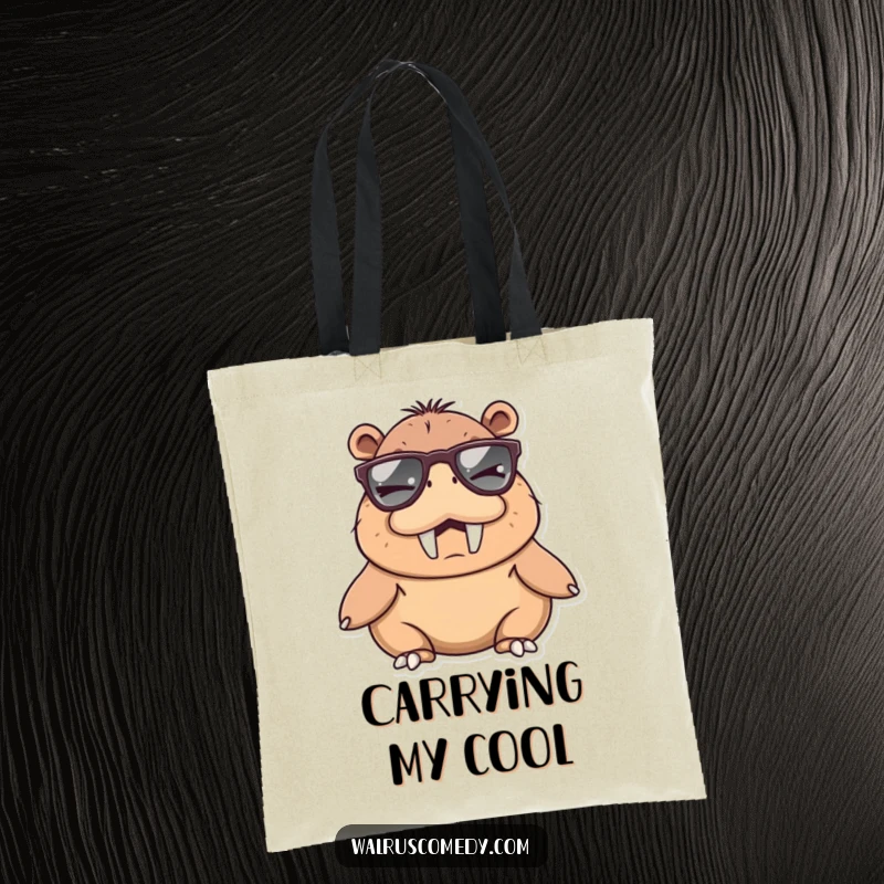 Funny walrus character winking with a playful expression while wearing large sunglasses on this humorous tote bag
