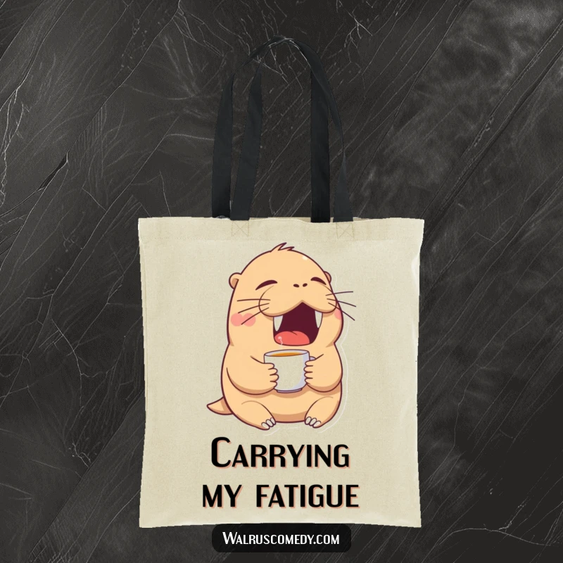 Funny walrus tote bag featuring a tired walrus yawning widely while holding a tiny teacup, a humorous accessory.