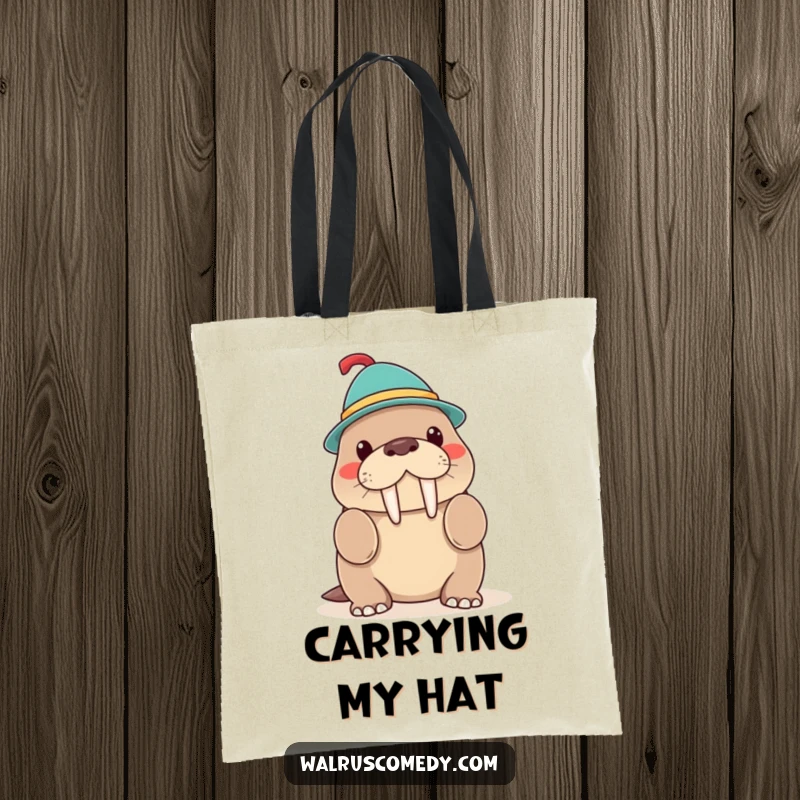 Funny Kawaii Walrus Hat Trick Tote Bag, a walrus balancing a whimsical hat, practical and charming accessory.