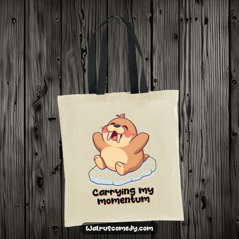 Funny tote bag with an excited walrus character gleefully sliding down a frozen slope on its belly, a symbol of winter fun.