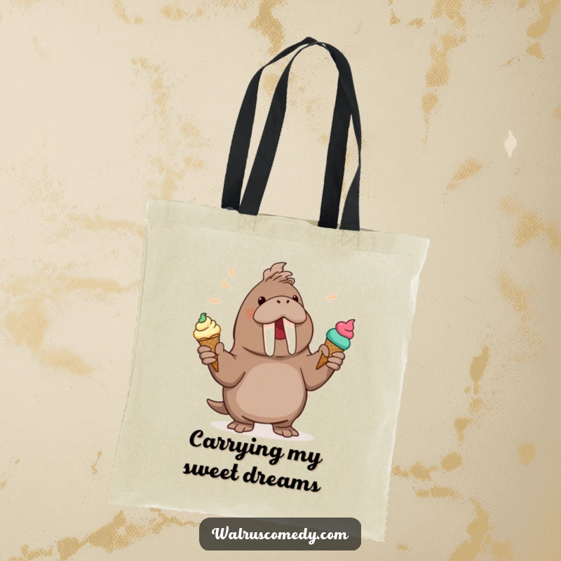 Funny Walrus Tote Bag: A whimsical walrus juggles several ice cream cones, ready to carry your daily necessities with flair.